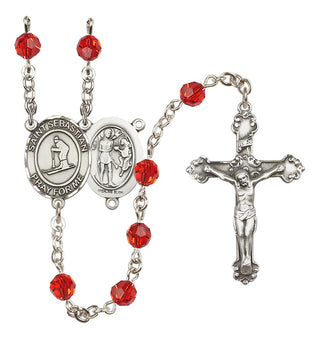 Sterling Silver 6mm Austrian Crystal Saint Sebastian/Skiing Rosary in Ruby