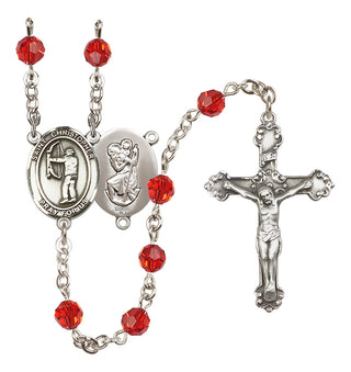 Sterling Silver 6mm Austrian Crystal Saint Christopher/Archery Rosary in Ruby