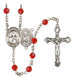 Sterling Silver 6mm Austrian Crystal Saint Christopher / Field Hockey Rosary in Ruby