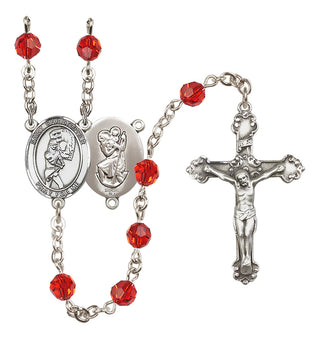 Sterling Silver 6mm Austrian Crystal Saint Christopher/Softball Rosary in Ruby