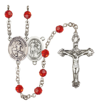 Sterling Silver 6mm Austrian Crystal Saint Sebastian/Soccer-Women Rosary in Ruby
