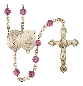 14 Karat Gold-Filled 6mm Austrian Crystal Saint Christopher / Navy Rosary in Rose