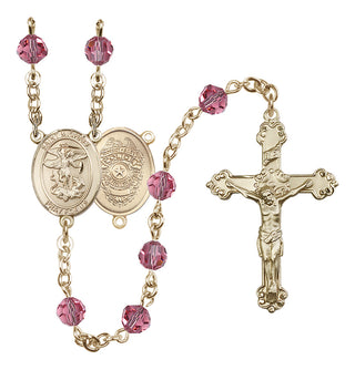 14 Karat Gold-Filled 6mm Austrian Crystal Saint Michael the Archangel/Policeman Rosary in Rose
