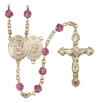 14 Karat Gold-Filled 6mm Austrian Crystal Saint Michael / Navy Rosary in Rose