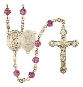 14 Karat Gold 6mm Austrian Crystal Saint Christopher / Coast Guard Rosary in Rose
