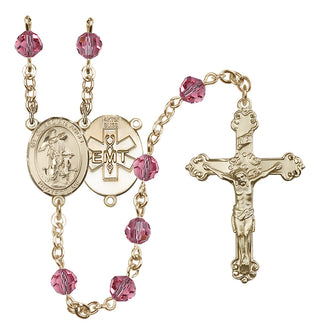 14 Karat Gold 6mm Austrian Crystal Guardian Angel / EMT Rosary in Rose