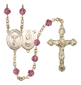 14 Karat Gold 6mm Austrian Crystal Saint Christopher/Cheerleading Rosary in Rose