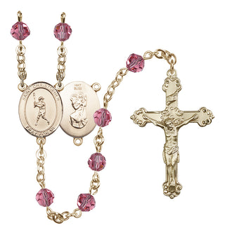 14 Karat Gold 6mm Austrian Crystal Saint Christopher/Baseball Rosary in Rose