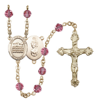 14 Karat Gold 6mm Austrian Crystal Saint Christopher/Swimming Rosary in Rose