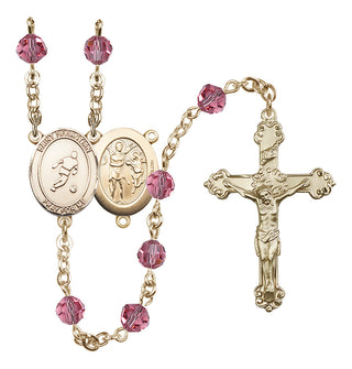14 Karat Gold 6mm Austrian Crystal Saint Sebastian/Soccer Rosary in Rose
