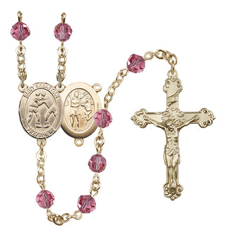 14 Karat Gold 6mm Austrian Crystal Saint Sebastian/Wrestling Rosary in Rose