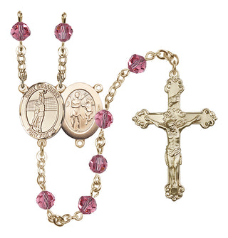 14 Karat Gold 6mm Austrian Crystal Saint Sebastian / Volleyball Rosary in Rose