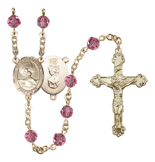 14 Karat Gold 6mm Austrian Crystal Saint Christopher/Water Polo Women Rosary in Rose