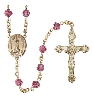 14 Karat Gold 6mm Austrian Crystal Our Lady of Kibeho Rosary in Rose