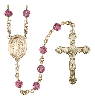 14 Karat Gold 6mm Austrian Crystal Guardian Angel w/Children Rosary in Rose