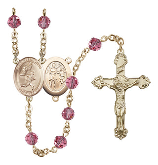 14 Karat Gold 6mm Austrian Crystal Saint Sebastian /Track&Field-Men Rosary in Rose