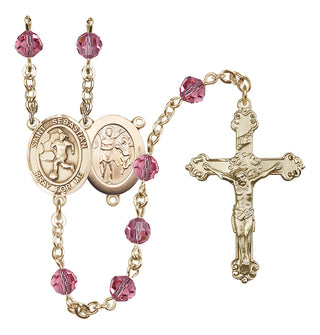 14 Karat Gold 6mm Austrian Crystal Saint Sebastian/Soccer-Women Rosary in Rose