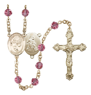 14 Karat Gold 6mm Austrian Crystal Guardian Angel/Basketball Rosary in Rose