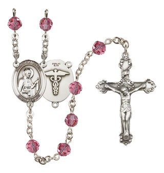 Sterling Silver 6mm Austrian Crystal Saint Camillus of Lellis / Nurse Rosary in Rose