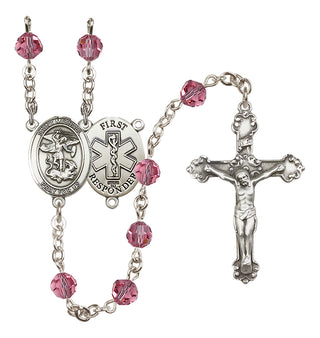 Sterling Silver 6mm Austrian Crystal Saint Michael/1St Responder Rosary in Rose