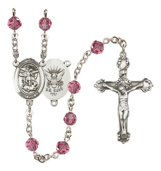 Sterling Silver 6mm Austrian Crystal Saint Michael / Navy Rosary in Rose
