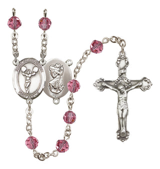 Sterling Silver 6mm Austrian Crystal Saint Christopher/Cheerleading Rosary in Rose