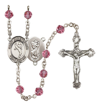 Sterling Silver 6mm Austrian Crystal Saint Christopher/Martial Arts Rosary in Rose