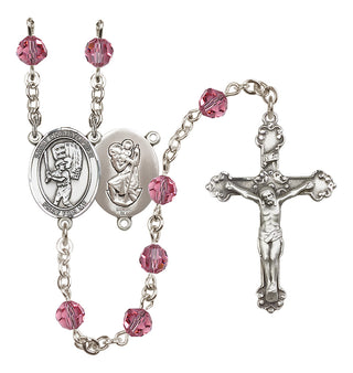 Sterling Silver 6mm Austrian Crystal Saint Christopher/Baseball Rosary in Rose