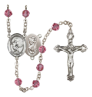 Sterling Silver 6mm Austrian Crystal Saint Christopher/Soccer Rosary in Rose