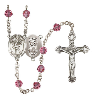 Sterling Silver 6mm Austrian Crystal Saint Christopher/Dance Rosary in Rose