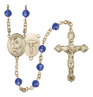 14 Karat Gold-Filled 6mm Austrian Crystal Saint Camillus of Lellis / Nurse Rosary in Sapphire