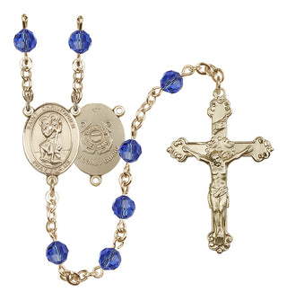 14 Karat Gold-Filled 6mm Austrian Crystal Saint Christopher / Coast Guard Rosary in Sapphire