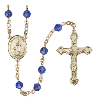 14 Karat Gold-Filled 6mm Austrian Crystal Saint Genesius of Rome Rosary in Sapphire