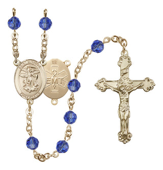 14 Karat Gold-Filled 6mm Austrian Crystal Saint Michael / EMT Rosary in Sapphire