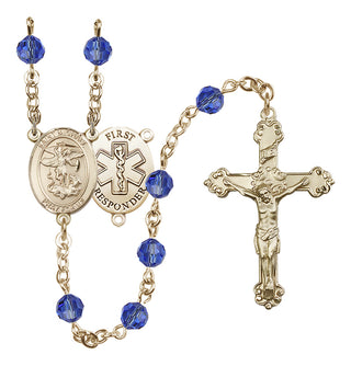 14 Karat Gold-Filled 6mm Austrian Crystal Saint Michael/1St Responder Rosary in Sapphire