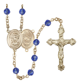 14 Karat Gold-Filled 6mm Austrian Crystal Saint Michael the Archangel/Policeman Rosary in Sapphire