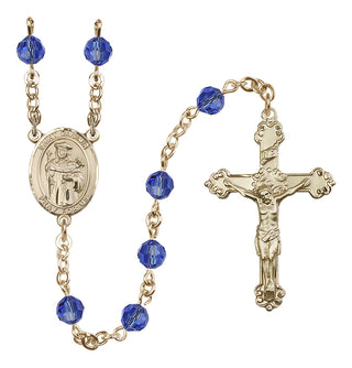 14 Karat Gold-Filled 6mm Austrian Crystal Saint Casimir of Poland Rosary in Sapphire