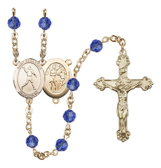 14 Karat Gold-Filled 6mm Austrian Crystal Saint Sebastian/Football Rosary in Sapphire