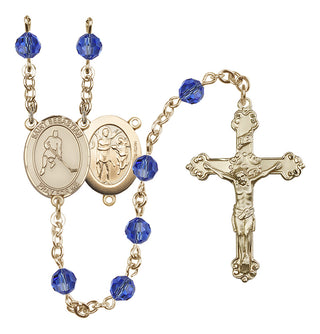 14 Karat Gold-Filled 6mm Austrian Crystal Saint Sebastian/Ice Hockey Rosary in Sapphire