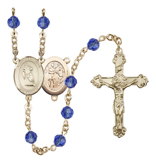 14 Karat Gold-Filled 6mm Austrian Crystal Saint Sebastian / Rugby Rosary in Sapphire