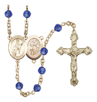 14 Karat Gold-Filled 6mm Austrian Crystal Saint Sebastian / Rodeo Rosary in Sapphire