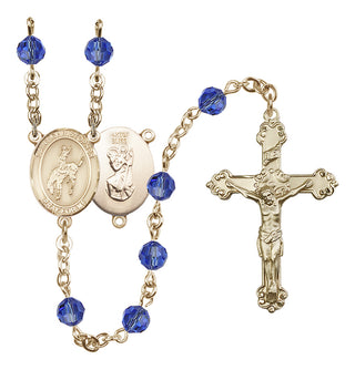 14 Karat Gold-Filled 6mm Austrian Crystal Saint Christopher / Rodeo Rosary in Sapphire