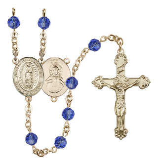 14 Karat Gold-Filled 6mm Austrian Crystal Virgen de Guadalupe Rosary in Sapphire