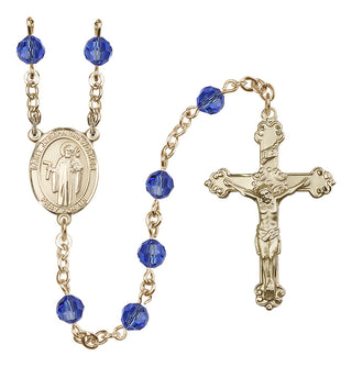 14 Karat Gold-Filled 6mm Austrian Crystal Saint Joseph the Worker Rosary in Sapphire