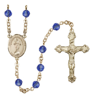 14 Karat Gold-Filled 6mm Austrian Crystal Our Lady of All Nations Rosary in Sapphire