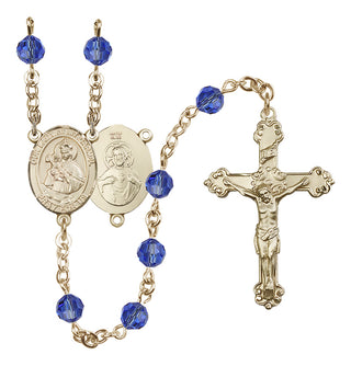 14 Karat Gold-Filled 6mm Austrian Crystal Our Lady of Mount Carmel Rosary in Sapphire