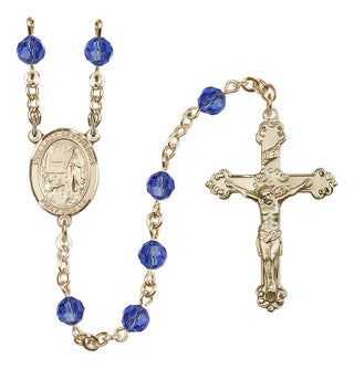 14 Karat Gold-Filled 6mm Austrian Crystal Our Lady of Lourdes Rosary in Sapphire
