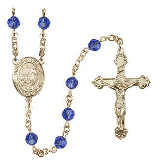14 Karat Gold-Filled 6mm Austrian Crystal Virgen del Lourdes Rosary in Sapphire