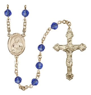 14 Karat Gold-Filled 6mm Austrian Crystal Saint Pius X Rosary in Sapphire