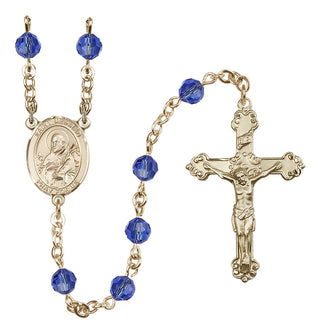 14 Karat Gold-Filled 6mm Austrian Crystal Saint Meinrad of Einsiedeln Rosary in Sapphire